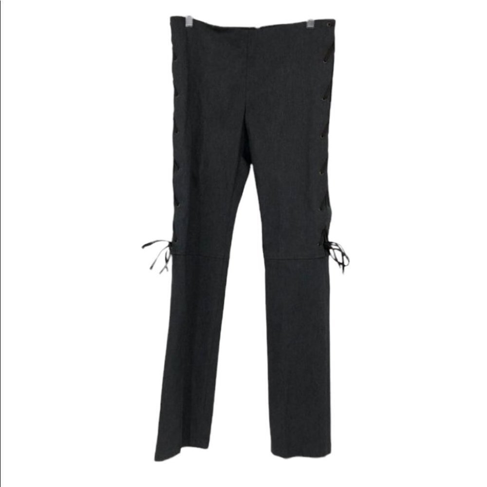 Awear grey pull on slacks brown string tied side seams trousers
